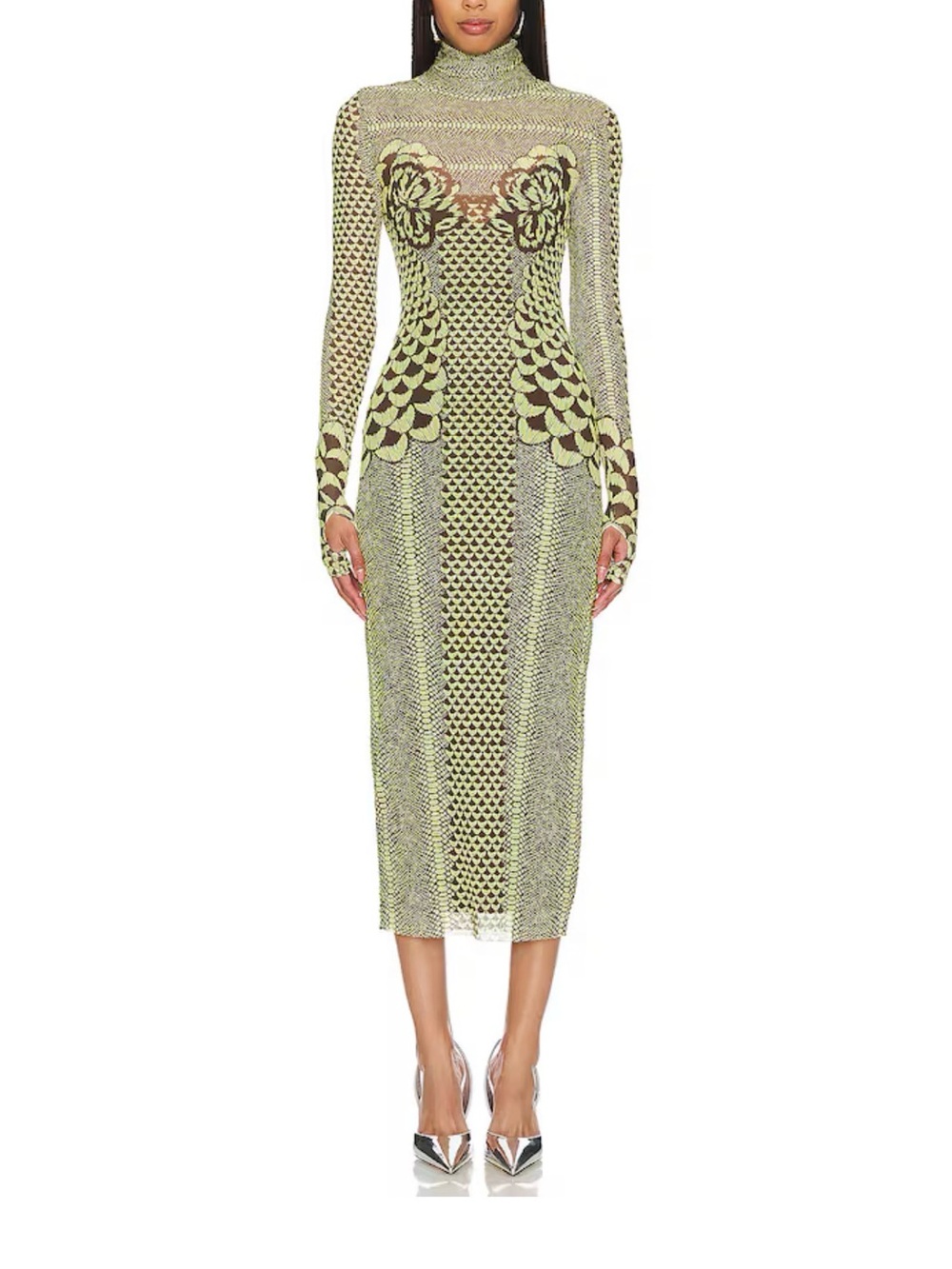 Arm Long Sleeve Bodycon Midi Dress in Tan and Black 1X